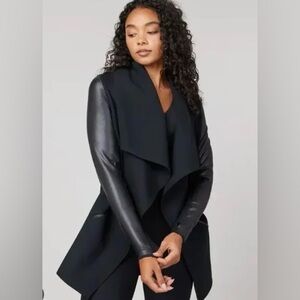 SPANX Front Drape Ponte Faux Leather Womens Jacket XS Black Stretch Draped